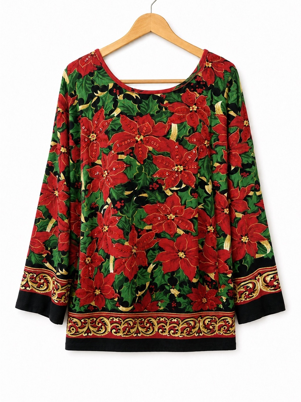 Vtg 90s Christmas Poinsettia Sequin Top Grannycore Women Size 2X Holiday Blouse